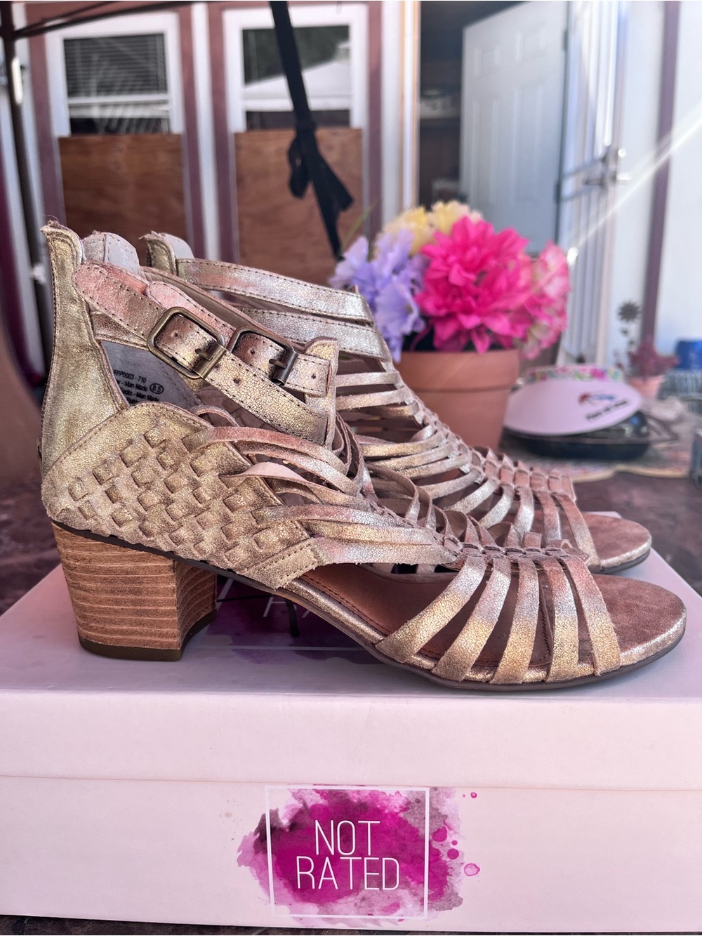 “Not Rated” Metallic Gold Strappy Block Heel Sandals